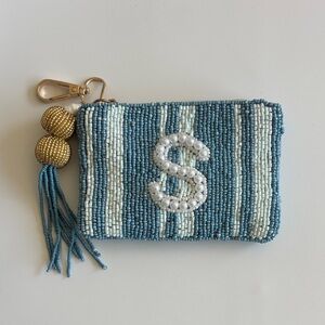 Beaded Monogram 'S' Zip Pouch in Blue and White - Made in India